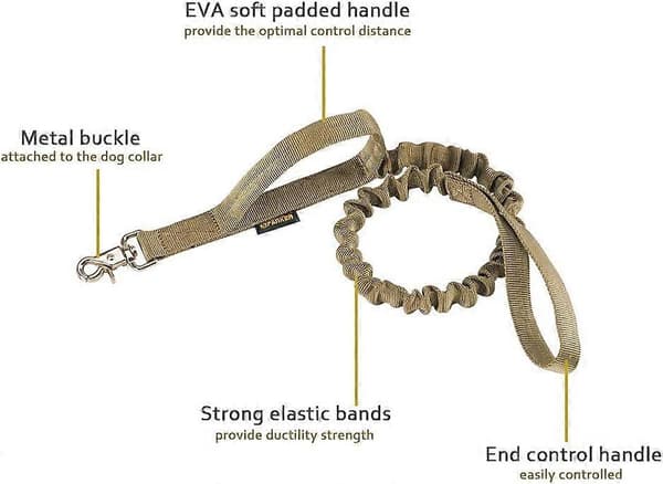 Military Bungee Leash Elastic Leash Rope with 2 Padded Control Handles for Medium and Small Dogs (Coyote Brown)