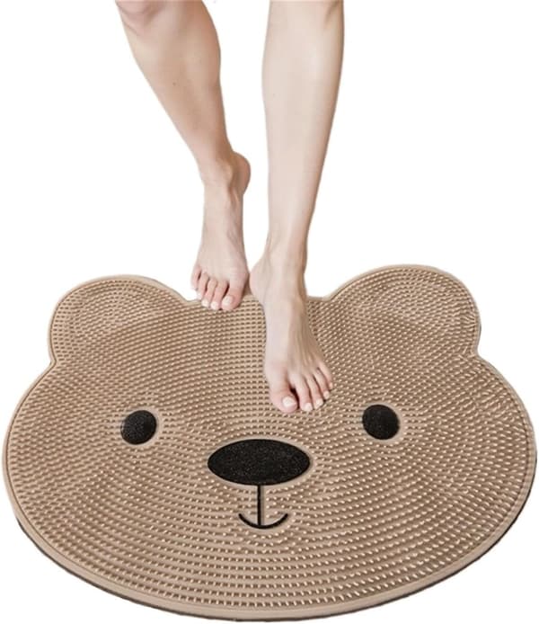 Exfoliating Foot Scrubber for Shower Use, Non-Slip Bathroom Mat, Shower Floor Mat, Khaki with Cute Pattern