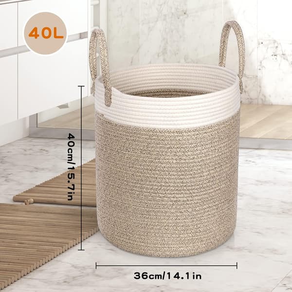 Large Foldable Woven Storage Baskets Cotton Rope Felt Baskets with Handles, Organizer Nursery Decor Laundry Basket, White Linen (35x40cm)