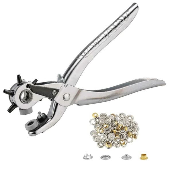 Hole Punch with 6 Sizes - Rotary Hole Punch for Leather and Belts, Includes 100 Silver Eyelets