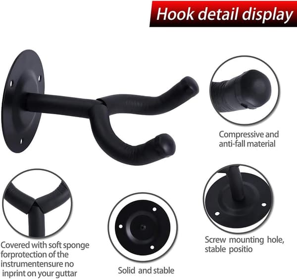Guitar Wall Mount Hanger Hook for Multiple Instrument Display in Music Stores Bedroom Bar 4-Pack Black
