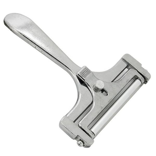 Cheese slicer with roller and cutting wire, variable slice thickness, stainless steel/aluminum, retro design, rotating disc, silver