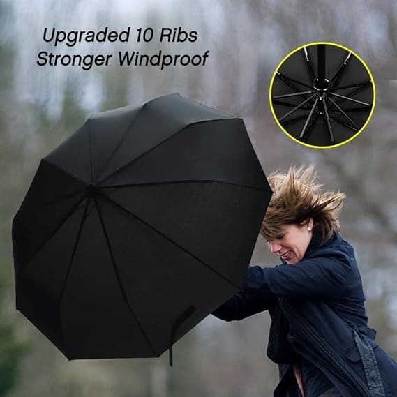 Automatisk Sammenfoldelig Paraply, Kompakt Solid Sammenfoldelig Sort, Vandtæt, Vindtæt Rejseparaply med 10 Ribber Diameter 106 cm