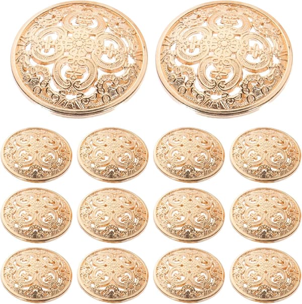 30 stk. runde metallknapper med hull, jakkeknapper, flate knapper, bukseknapper, syknapper (lyst gull)