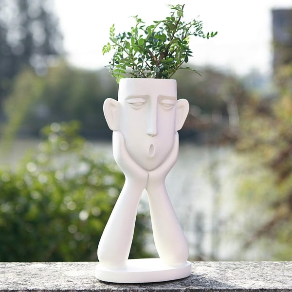 Blomsterkrukke med menneskeligt ansigt, stor moderne hvid urtepotte, uregelmæssig havekrukke til indendørs udendørs dekorative planter