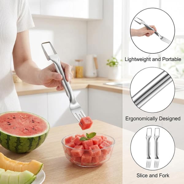 2-i-1 Vannmelonkutter og Skje, Fruktgaffel i Rustfritt Stål med Dobbelthode for Melon og Mango til Hjem, Camping, Fester (2 STK)