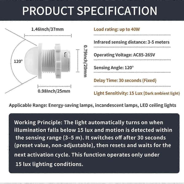 3-paknings bevegelsessensorlysbryter, PIR-sensor smart deteksjonsbryter, 85-265V