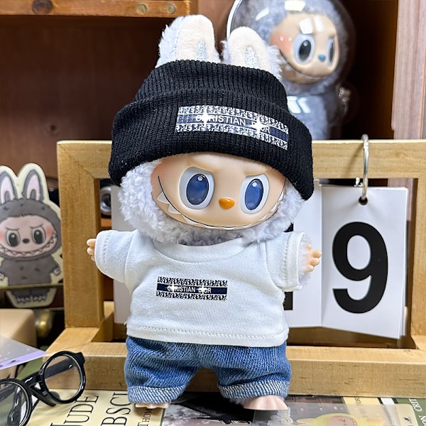 Labubu dockkläder första generationen andra generationen blindbox Labubu dockkläder (hatt + T-shirt + jeans) D Svartvit kostym