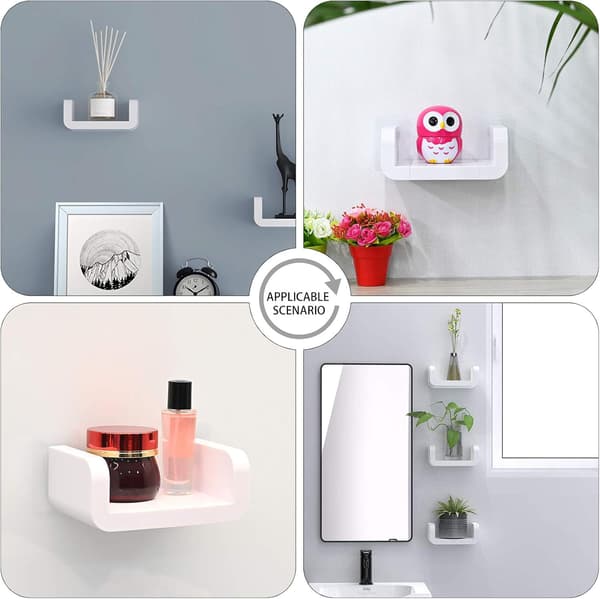 White Wall Mounted Bathroom Shelves, No Drilling Adhesive Wall Storage Rack, Waterproof Suction Cup Floating U-Shaped Wall Shelves Accessories (Slim)