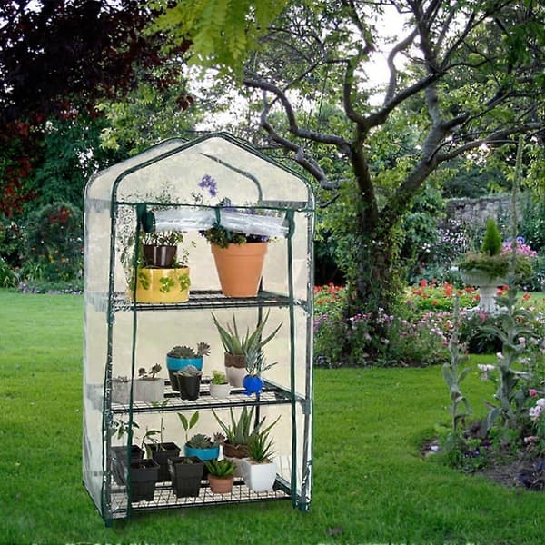 Lite, bærbart drivhus med hyller og PVC-trekk, brukes til planter og blomster, 3 lag, eksklusive