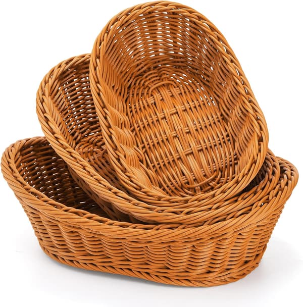 3-pack Poly-Wicker Vävda Brödserveringskorgar, Stapelbara Imitation Rattan Fruktkorgar för Matvisning, Grönsaker - 3 Storlekar