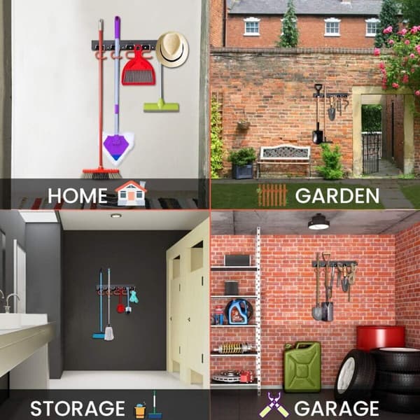 Attachable Storage Hooks, Garage Organizer, Practical Wall-Mounted Holders, Mop and Broom Rack, 20 Hooks, 4 pcs 41cm Rails