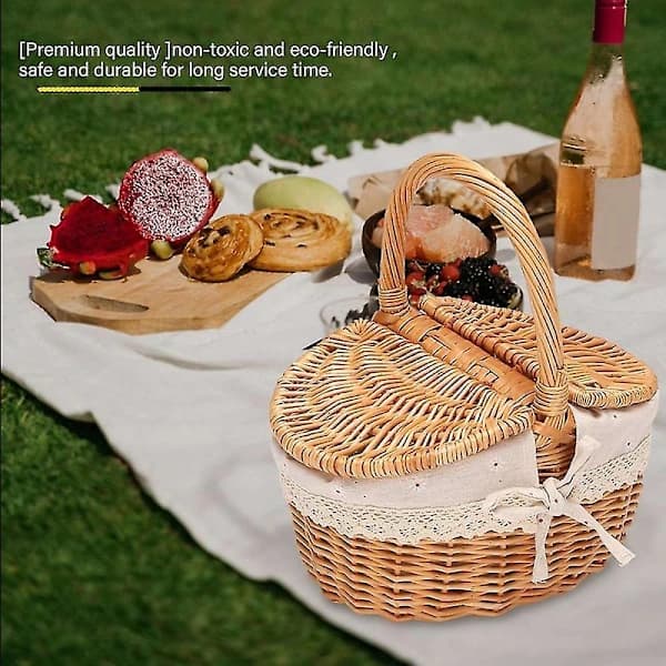 Handmade Wicker Basket with Handle, Wicker Camping Picnic Basket with Double Lids, Storage for Shopping