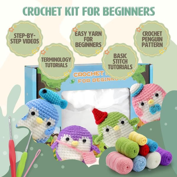 Crochet Kit for Beginners - 4 Cute Penguins, Complete Crochet Kit with Crochet Hooks and Step-by-Step Instructions