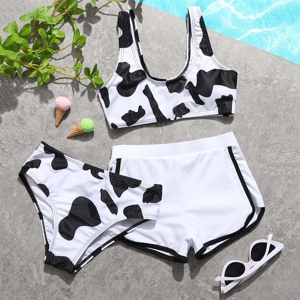 Flickors 3-delade baddräkter Ko-tryck Bikini baddräkt med shorts