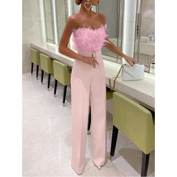 Jumpsuit for Kvinner Lang Jumpsuit Stroppeløs Skrå Hals Fjær Tube Top Sexy Fest SPink Pink S