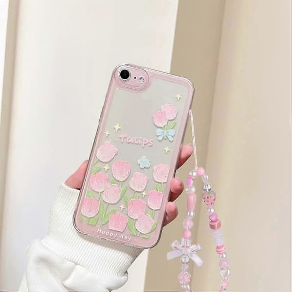 iPhone 7/8/SE 2020/SE 2022 Case - Flower and Tulip Pattern, Cute Bow Strawberry Pearl Chain
