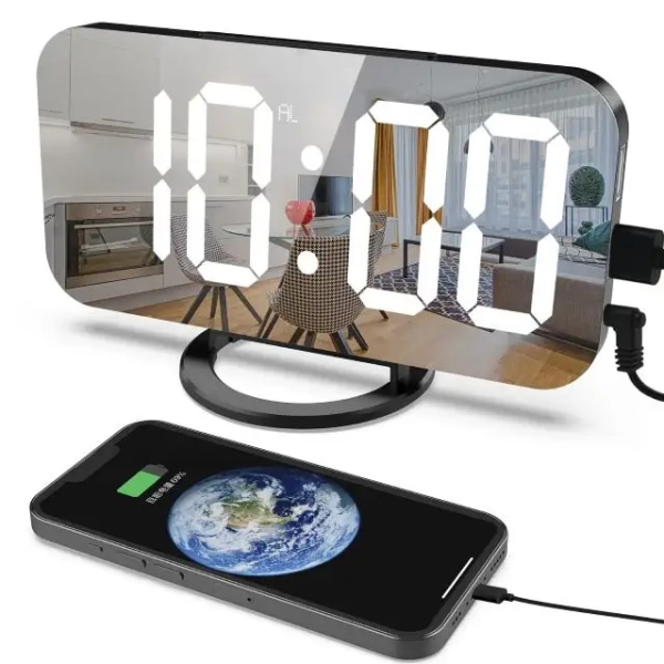 Digital klokke stor skjerm, LED-alarm elektriske klokker Speiloverflate for sminke med dimmemodus, 3 nivåer lysstyrke,