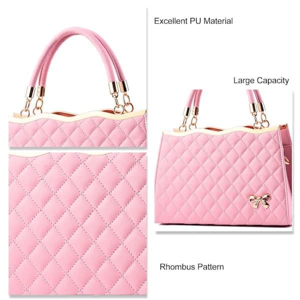 Women's Shoulder Bag, Large Capacity, PU Leather, Embroidered Rhombus, Handle, Shoulder Bag, Pink, Free Size [C]