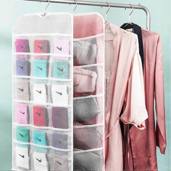 Wardrobe Hanging Organizer with Mesh Pockets and Rotating Metal Hanger, Space-Saving Bag (Grey, 30 Compartments)