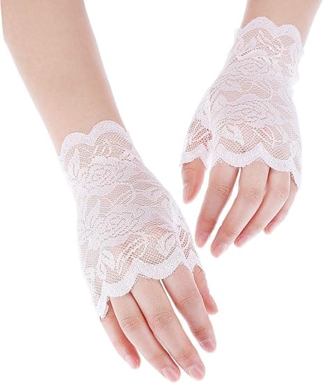 Korte solbeskyttende blomstrede blondehandsker uden fingre til kvinder (hvid)
