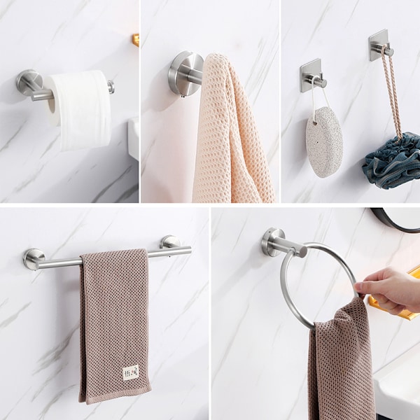 Sæt af 5 Badeværelses Håndklædeholder Håndklædeholder Toiletpapirholder Håndklæde Ring Krog Rustfrit Stål Håndklædeholder