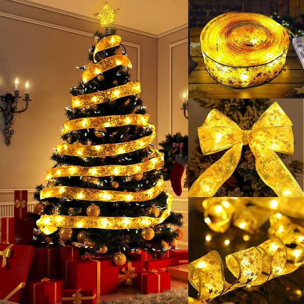 Christmas Tree Ornament Light String Ribbon Light String for Party Wedding Holiday Christmas Tree Decoration (Golden Warm Light)