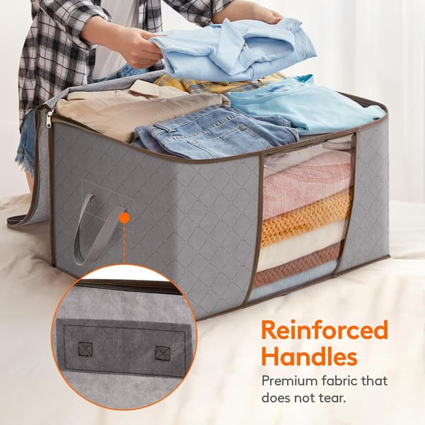 Large Storage Bag for Clothes with Reinforced Handle Thick Fabric for Comforters, Blankets, Bedding, 3-Pack, 90L, Light Grey