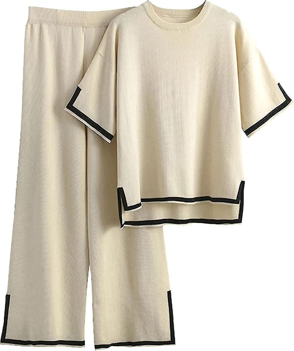 Women's 2 Piece Lounge Set Short Sleeve Knitted Pullover Tops Wide Leg Pants Ha
