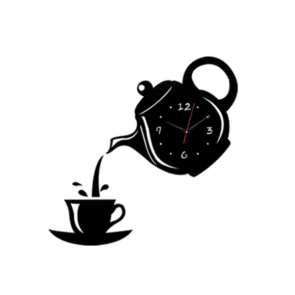 1kpl (28cm musta) kellot olohuoneen sisustamiseen 3D-luova teekannu seinäkello, akryylipeiliseinäkello, käytetään sisustukseen