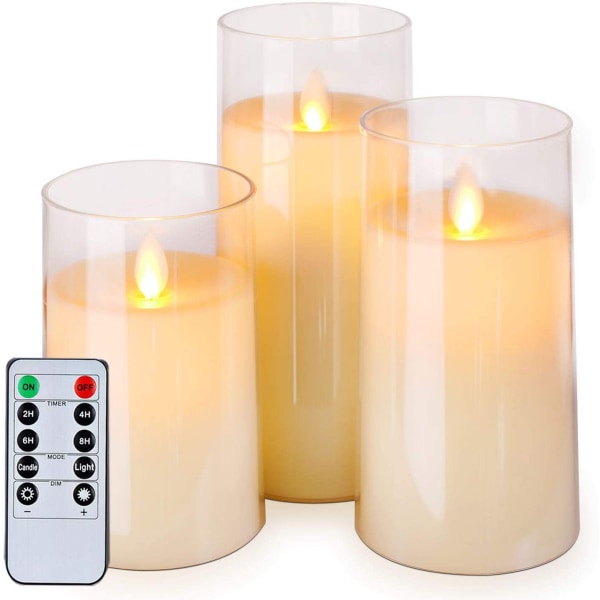 Flammeløse stearinlys Led-stearinlys Pakke med 3 transparente farger med ekte voksbatteri med fjernkontroll
