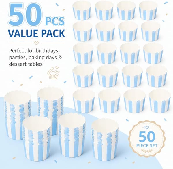 50 stk. blå og hvidstribede cupcakeforme 50 stk. blå hvid 2,36 tommer