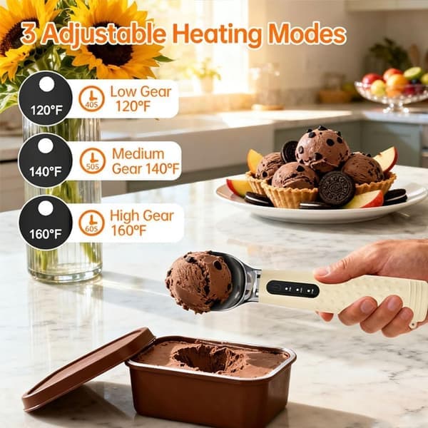 Rechargeable Heated Ice Cream Scoop, 3 Temp (49-71°C), IP67 Waterproof, Ergonomic - Black [Ho]