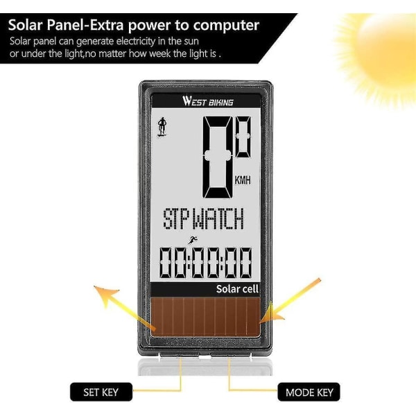 Sykkelcomputer Trådløs IPX7 Vanntett Sykkelhastighetsmåler Multifunksjonell Odomometer Med Solcellepanel