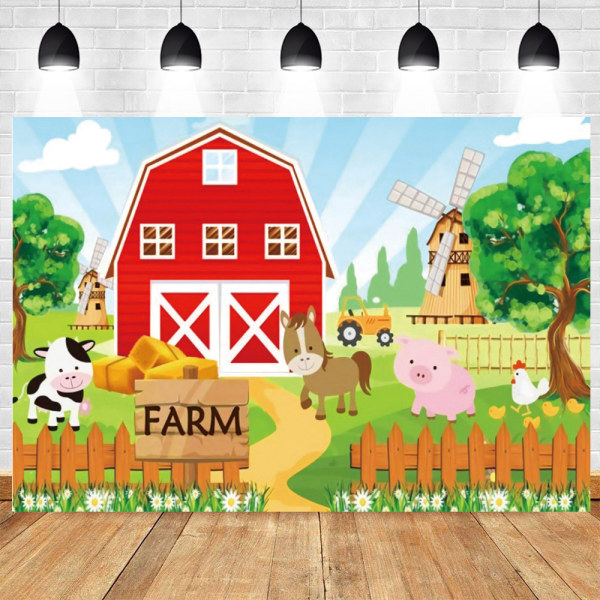 Farmhouse Red Lada Bakgrund för barnfester Tecknade bondgårdsdjur Födelsedagsfest fotografering (4 x 2,5 fot)