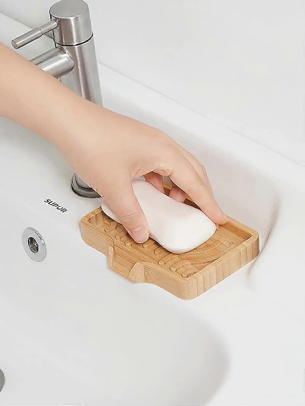 1 pc Bamboo Soap Dish with Drip Tray - With Self-Draining Soap Saver for Shower