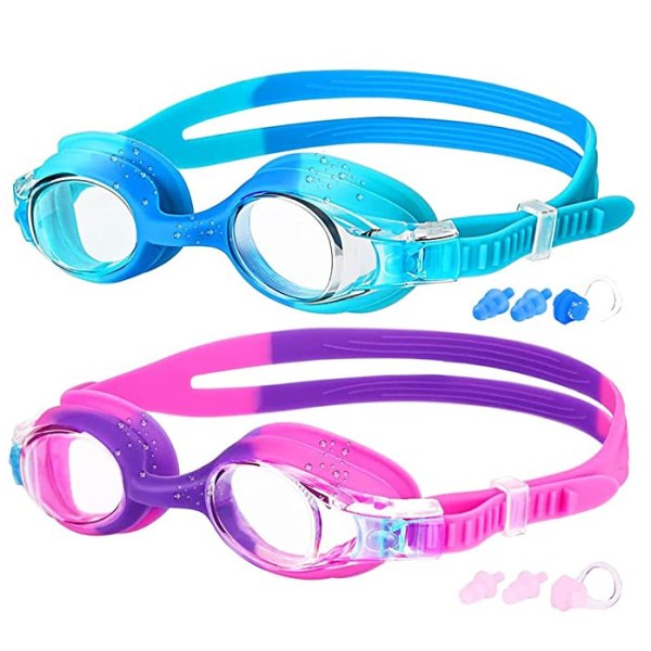 Svømmebriller for barn, 2-pakke svømmebriller med neseplugger og klips, ingen lekkasje, anti-tåke, antirefleks, lett å montere og behagelig