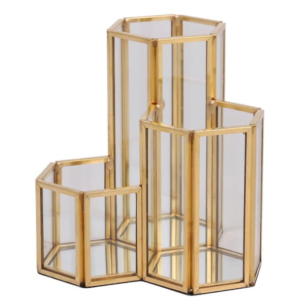 Glass Copper Hexagon Composite Pen Holder Makeup Brush Glass Box Multifunctional Desktop Organizer Off