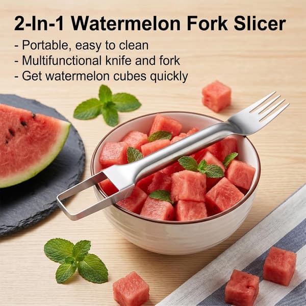 2-i-1 Vannmelonkutter og Skje, Fruktgaffel i Rustfritt Stål med Dobbelthode for Melon og Mango til Hjem, Camping, Fester (2 STK)