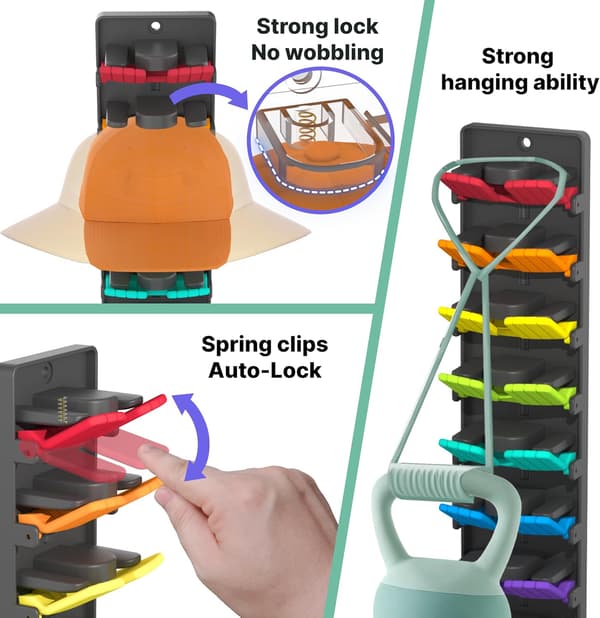 Hat Organizer for Baseball Caps 2-Pack with Built-in Spring Clips - Wall Mounted Hat Rack for Closet, Adjustable Door/Closet Storage