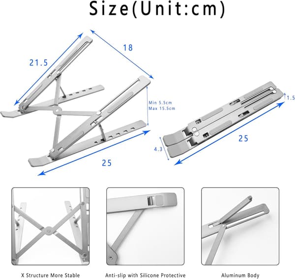 AiTodos® Laptopstativ, skridsikkert, 6 højdejusteringer, aluminiumslegering, foldbart og bærbart, ventilation og varmeafledning, understøttelse af bærbar computer