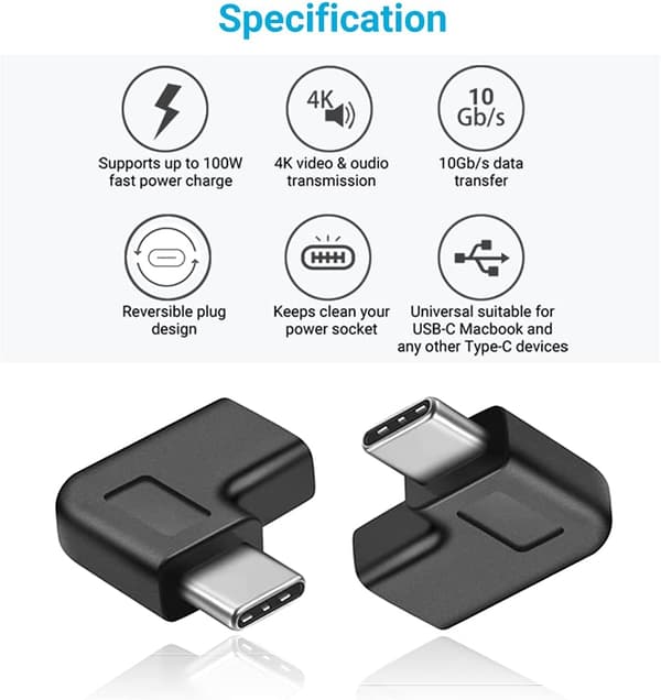 Retvinklet USB C-adapter, 90 graders USB C til USB Type-C Han til