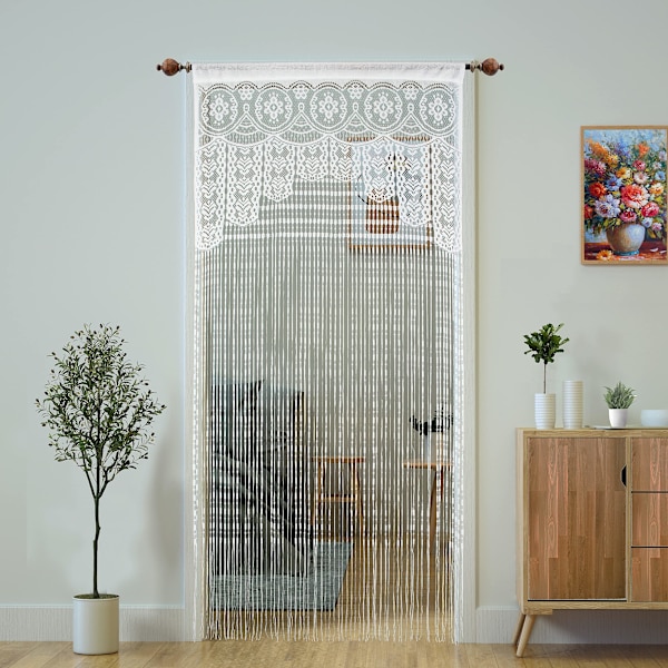 Spetsdörrsnöre Gardin för Dörröppningar, Dörröppning Hippie Fönsterpanel Rumdelare Väggskåp Gardiner (39×79in/100×200cm, Vit)
