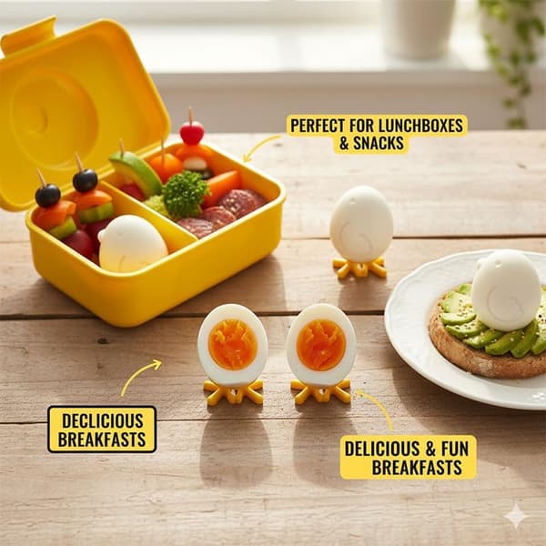A set of two yellow chicken-shaped egg molds for boiled eggs - cute and creative egg shapers, a fun breakfast aid.