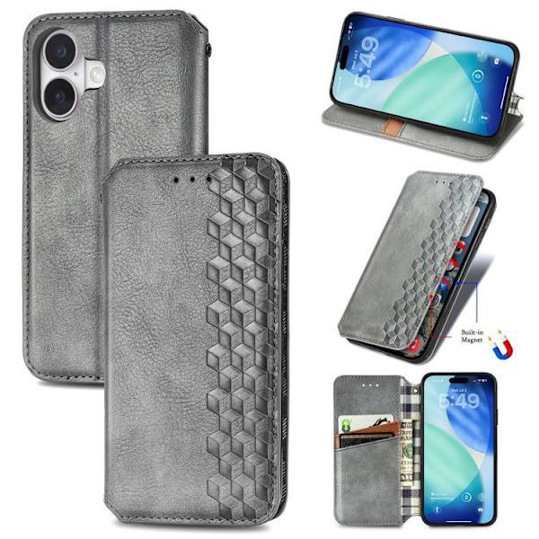 iPhone 17 Case Leather Case with Cubic Grid Pattern and Magnetic Closure Grey Grey Grå