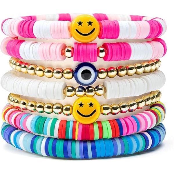 7 stk Surfer Armbånd Sæt Farverigt Glad Smil Onde Øje Beaded Stretch Clay Stabelbar Boho Disc Æstetiske Sommer Strandsmykker til Kvinder Piger