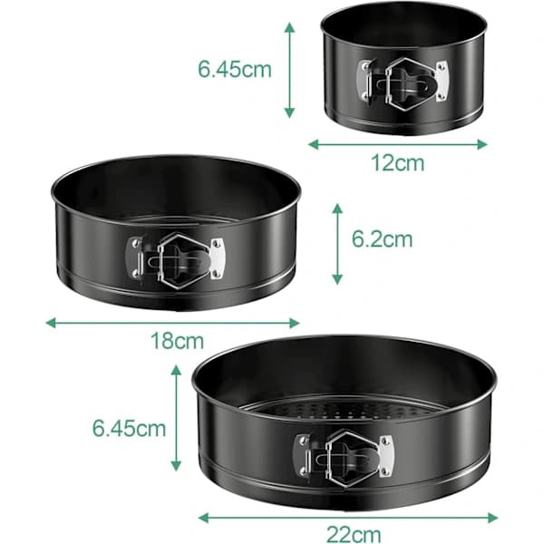 3 stk Runde Springformer, 12/18/22cm Runde Kakeformer, Non-Stick Sett Rustfritt Stål Springformer Avtakbar Bunn