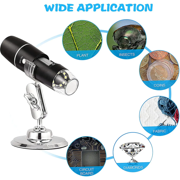Digitalt Mikroskop Trådlöst Fickformat Handhållet USB-Mikroskop, 1000x Zoom Fast Fokus HD-Förstoringsglas med LED-lampor, Inspektionskamera