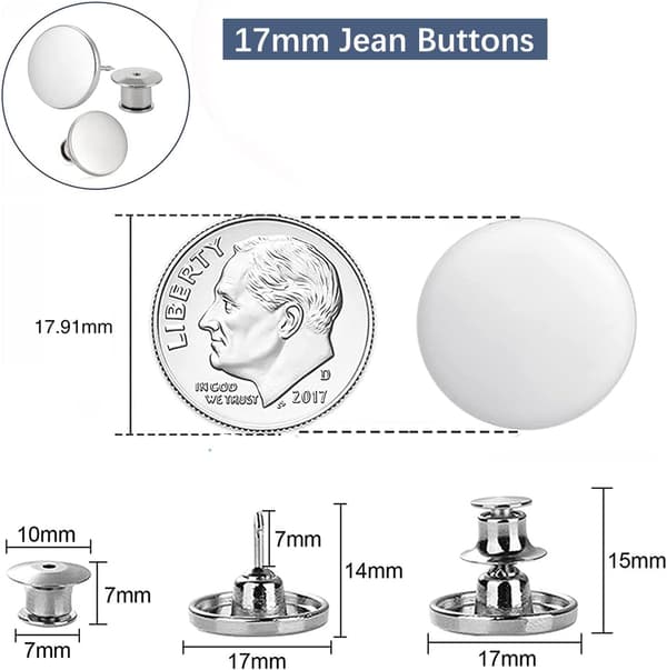 20 Set Jean-2 No-Sew Button Pins, Instant Replacement 17mm