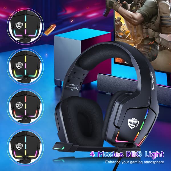 Wired Gaming Headset Black RGB Lighting with 3.5mm Single Plug and Y-Splitter Audio Cable, Compatible with PS4, PS5, Xbox, Nintendo Switch